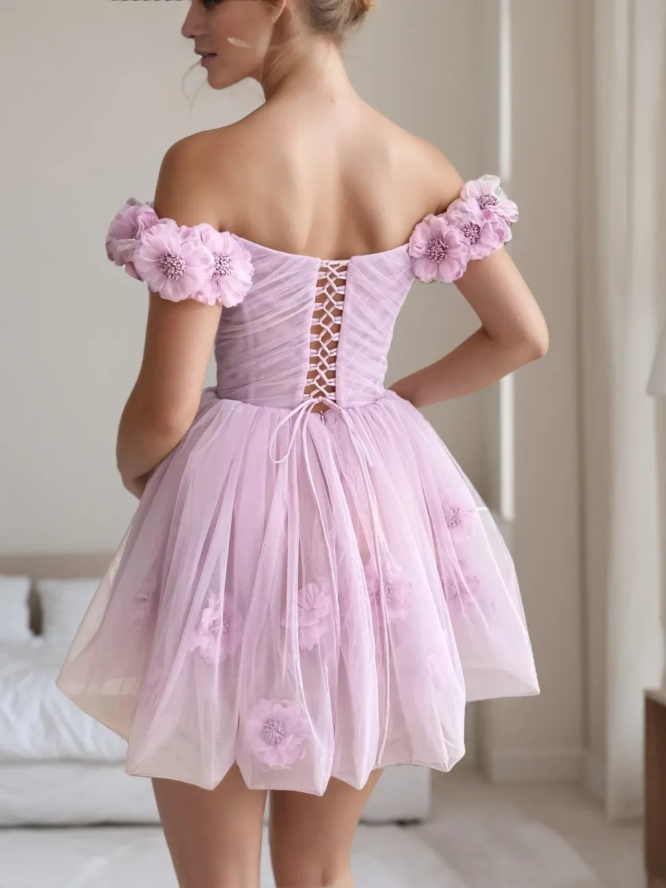 Princess Sweetheart Off-the-shoulder Straps Sleeves Mini With Handmade Flowers Pleats Party Dance Cocktail Homecoming Dress