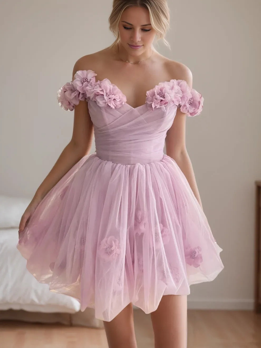 Princess Sweetheart Off-the-shoulder Straps Sleeves Mini With Handmade Flowers Pleats Party Dance Cocktail Homecoming Dress