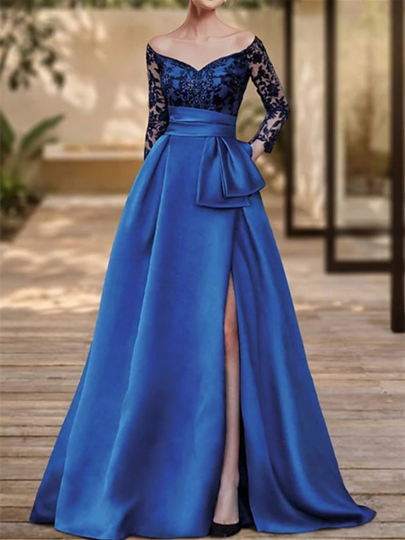 Princess V-Neck Charmeuse Long Sleeves Floor-Length with Slit Prom Dress Evening Dresses