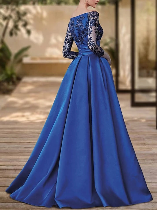 Princess V-Neck Charmeuse Long Sleeves Floor-Length with Slit Prom Dress Evening Dresses