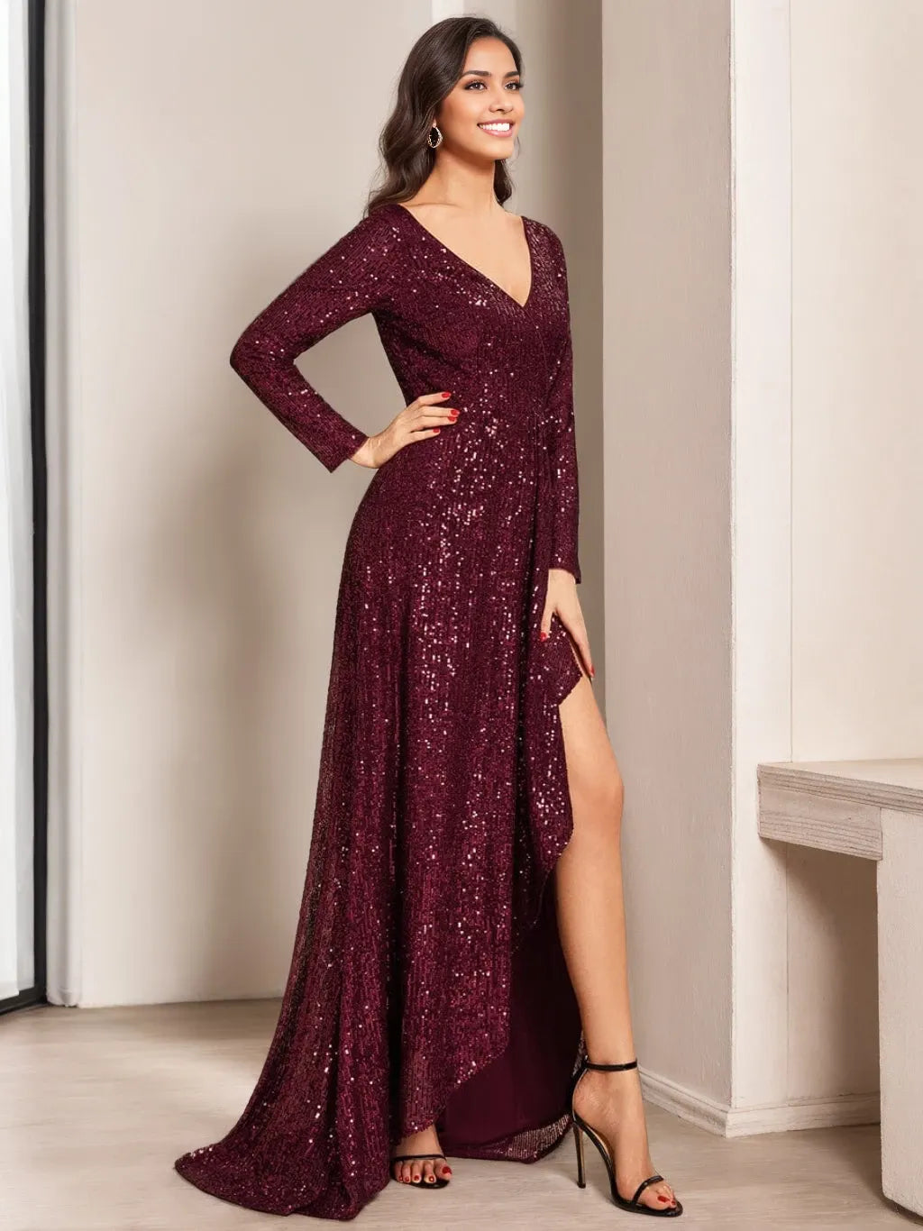 Princess V-Neck Long Sleeves Asymmetrical with Sequins  Evening Dresses