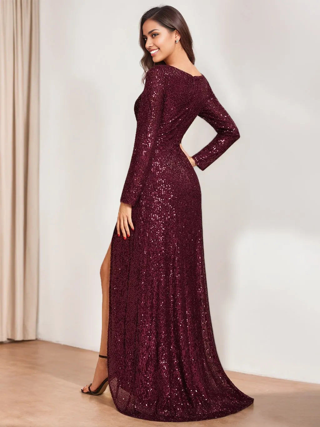 Princess V-Neck Long Sleeves Asymmetrical with Sequins  Evening Dresses