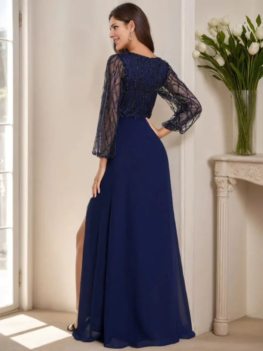 Princess V-Neck Long Sleeves Floor Length with Split Evening Dresses