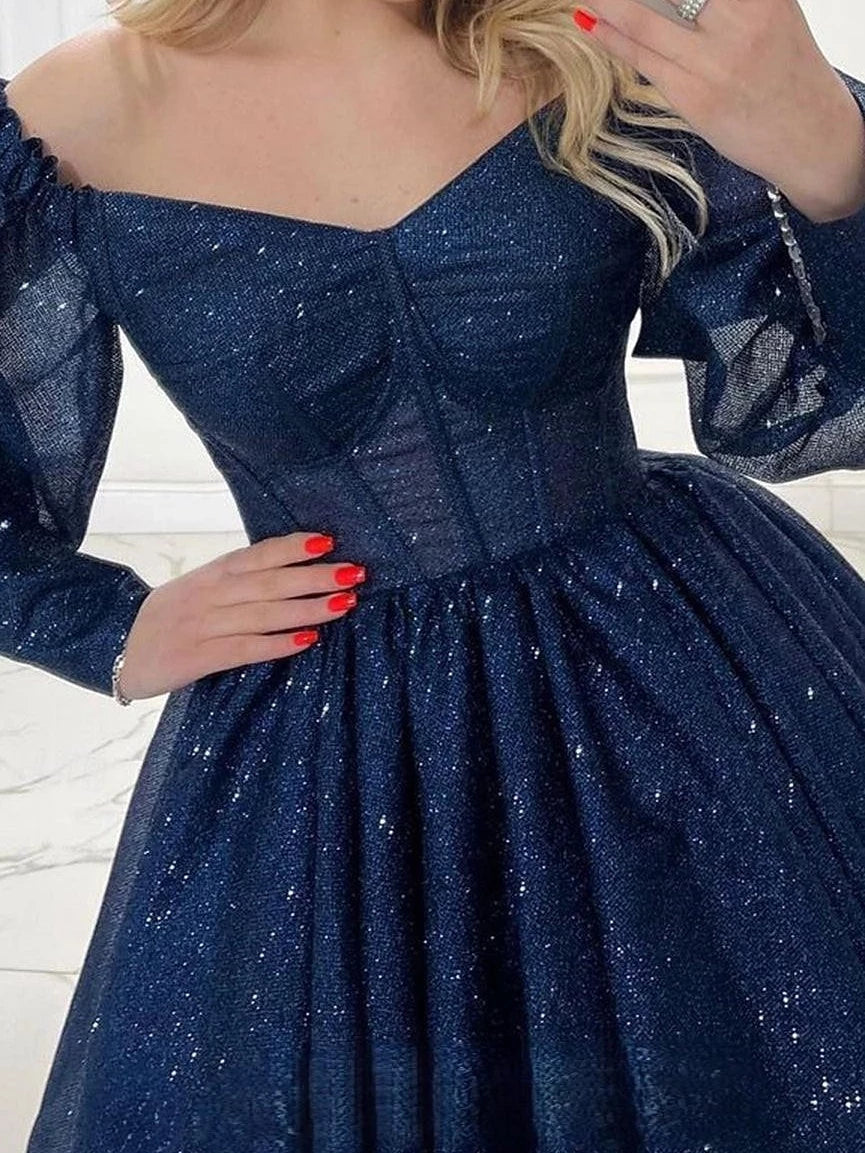 Princess V-Neck Long Sleeves Mini with Glitter Party Cocktail Homecoming Dress