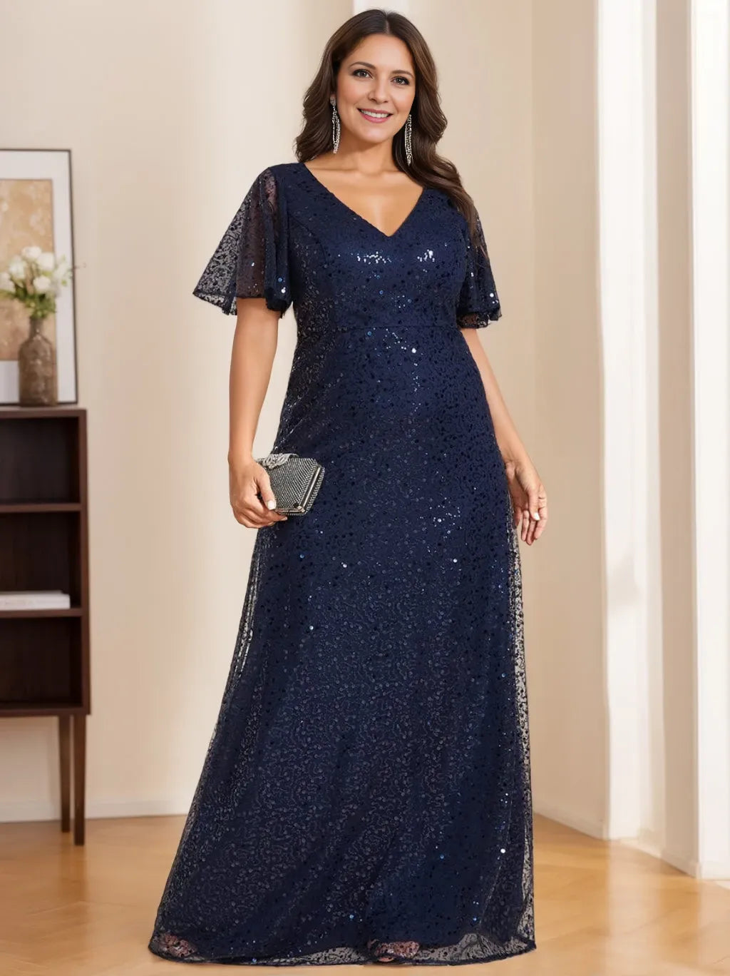 Princess V-Neck Short Sleeves Floor Length Sequined Evening Dresses