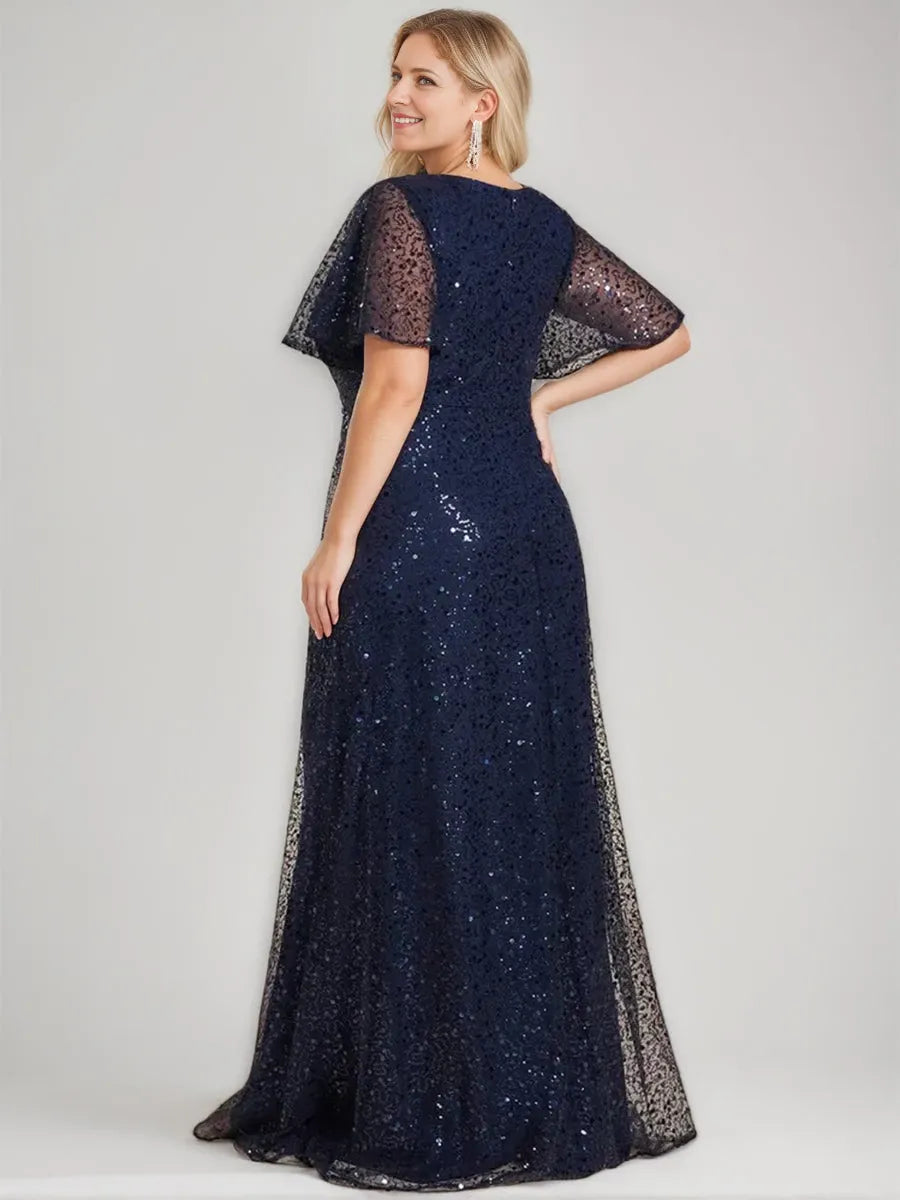 Princess V-Neck Short Sleeves Floor Length Sequined Evening Dresses