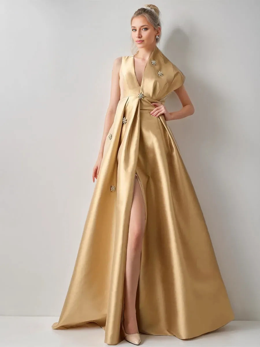 Princess V-Neck Sleeveless High-End with High Split Beadings Pocket Evening Dresses