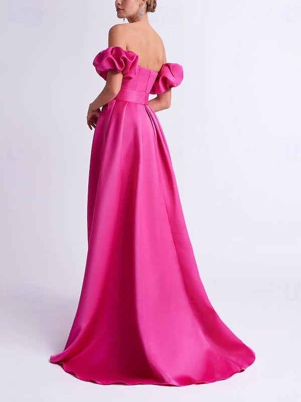 Princess Satin Off-the-Shoulder Floor-Length Evening Dresses with Bow
