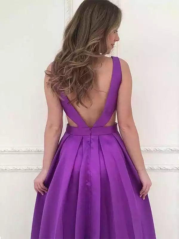 Prom Dress A-Line V-Neck Sleeveless With Ruffles Satin Dresses