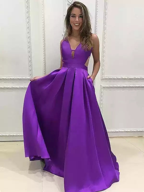 Prom Dress A-Line V-Neck Sleeveless With Ruffles Satin Dresses
