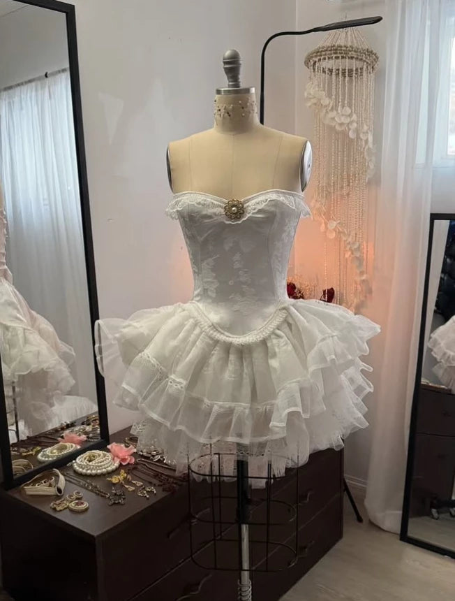 Vintage Beige Sweetheart Strapless Design A-line Lace Party Dress Cocktail Dress Homecoming Dress Evening Dress