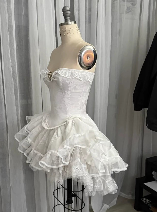 Vintage Beige Sweetheart Strapless Design A-line Lace Party Dress Cocktail Dress Homecoming Dress Evening Dress