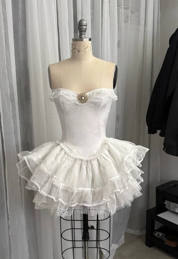 Vintage Beige Sweetheart Strapless Design A-line Lace Party Dress Cocktail Dress Homecoming Dress Evening Dress