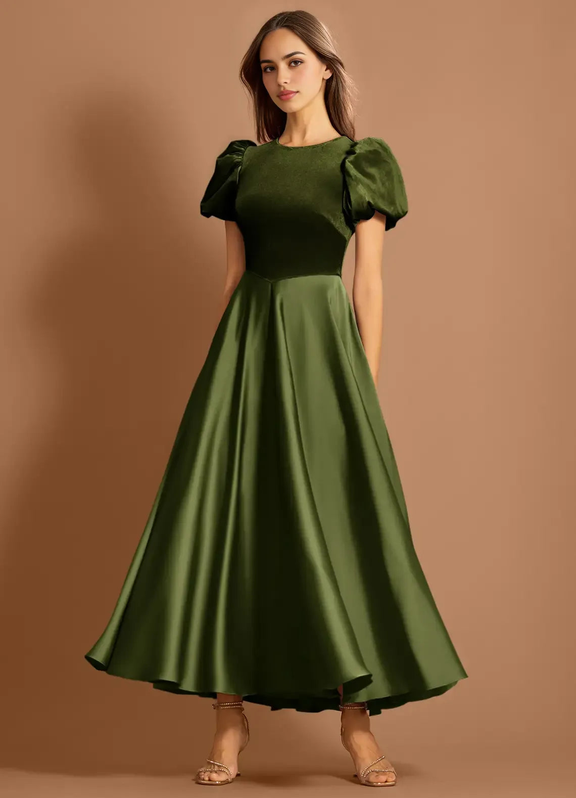 Puff Sleeve Color Block Velvet Satin A Line Keyhole Back Floor Length Female Prom Dress