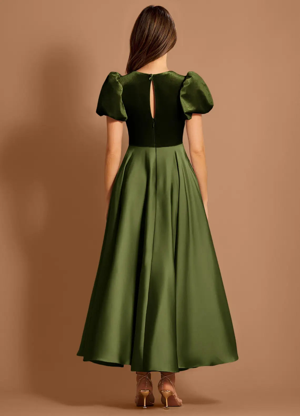 Puff Sleeve Color Block Velvet Satin A Line Keyhole Back Floor Length Female Prom Dress