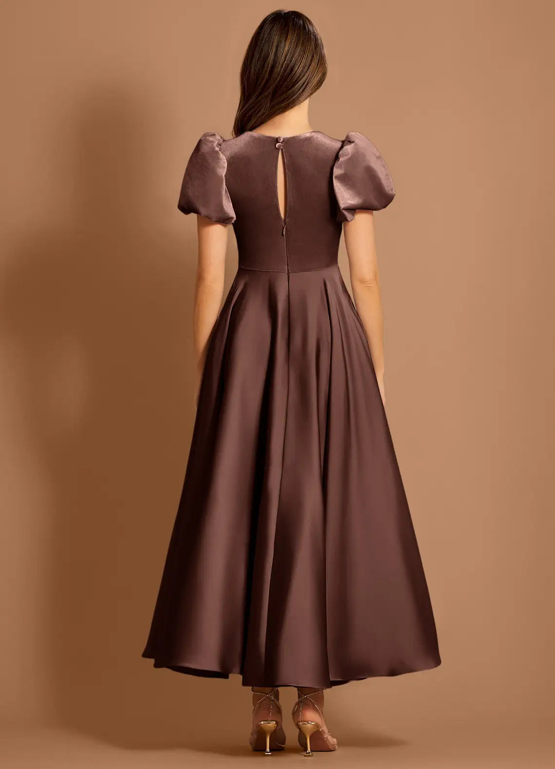 Puff Sleeve Mixed Fabric Fit and Flare Crew Neck Keyhole Back Floor Length Female Prom Dress