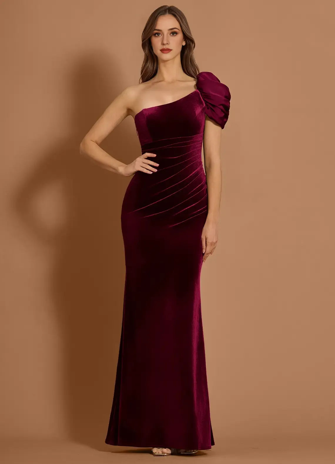 Puff Sleeve One Shoulder Velvet Mermaid Ruched Bodice Open Back Floor Length For Sale Prom Dress