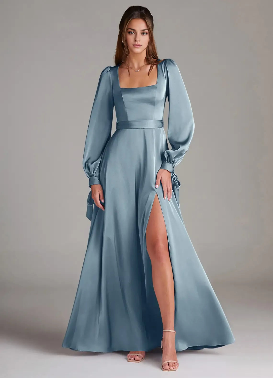 Puff Sleeve Square Neck Satin A Line Bow Back High Slit Floor Length Hot sale Prom Dress