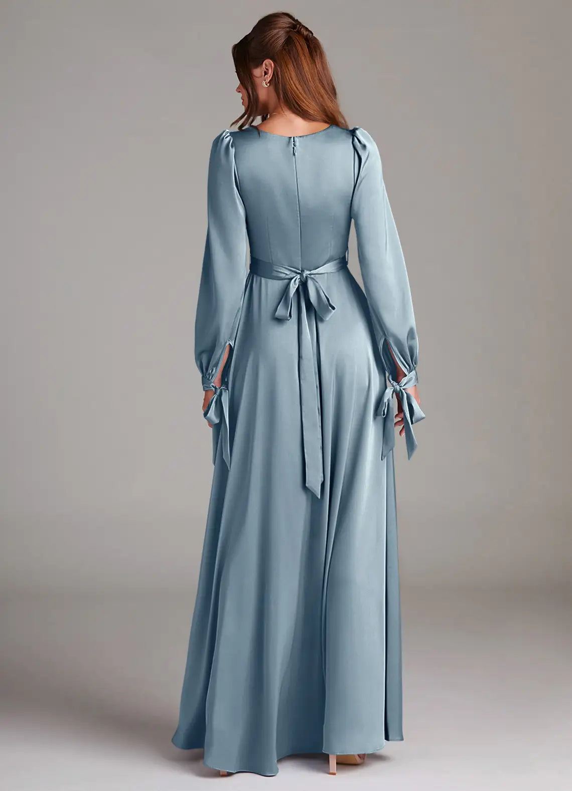 Puff Sleeve Square Neck Satin A Line Bow Back High Slit Floor Length Hot sale Prom Dress