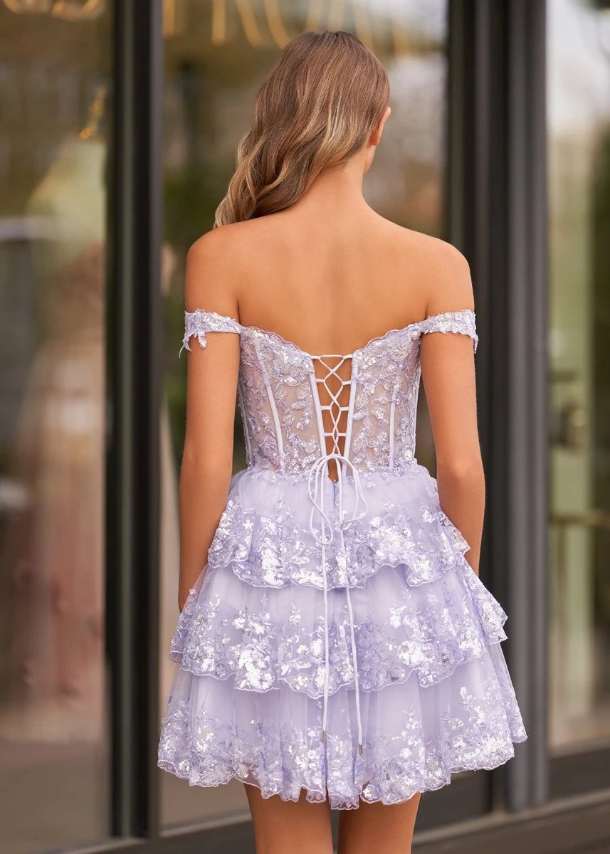 Purple A-Line Sweetheart Tiered Short Length Off-the-Shoulder Sweetheart Neckline Sleeveless Lace-up Back Ruffles Sequins