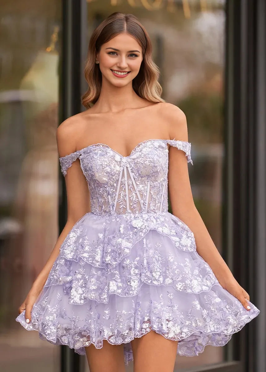 Purple A-Line Sweetheart Tiered Short Length Off-the-Shoulder Sweetheart Neckline Sleeveless Lace-up Back Ruffles Sequins