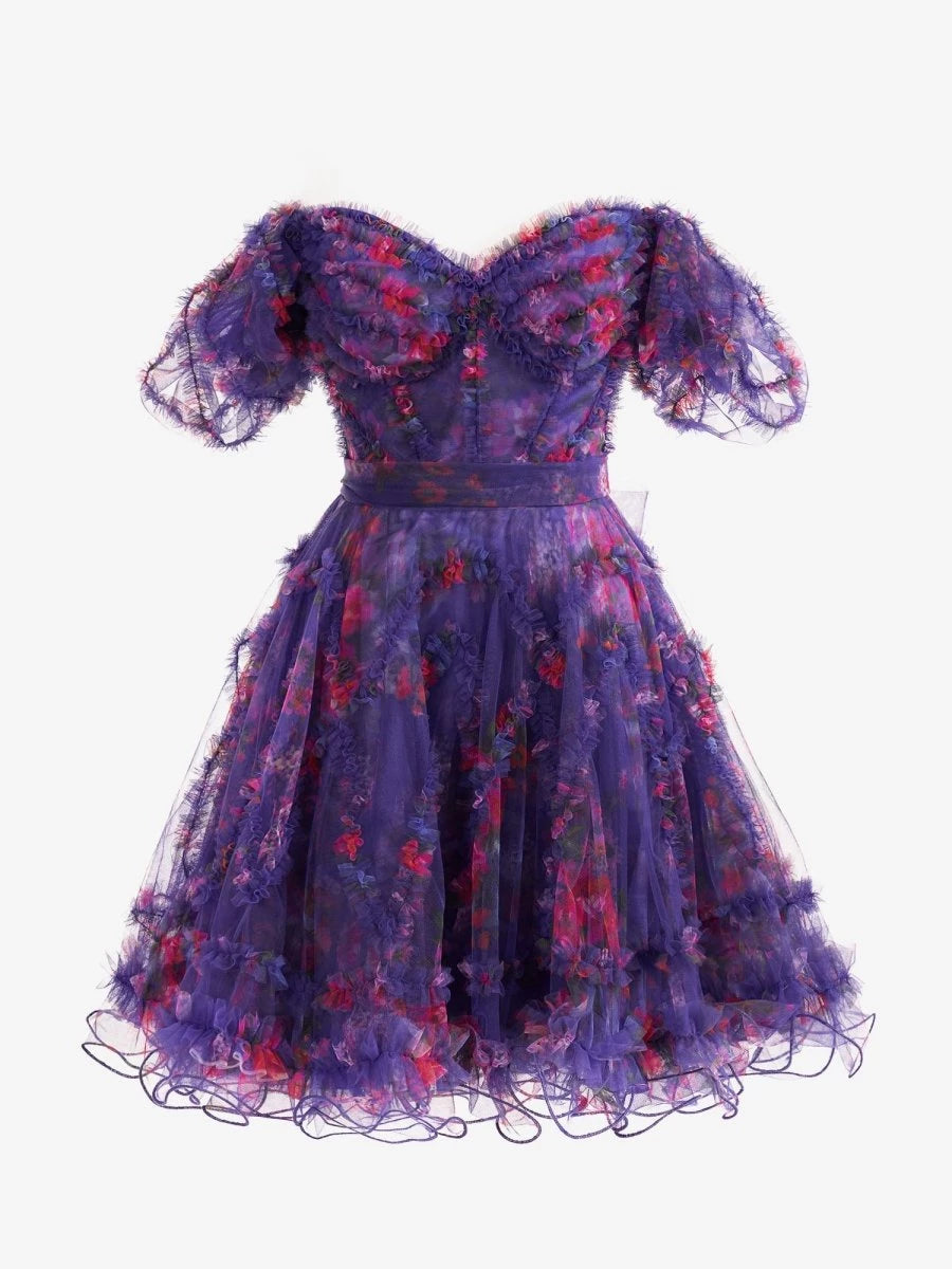 Purple A Line Short Length Off the Shoulder Short Sleeves Short Printed Party Dresses Homecoming Dress Prom Dress