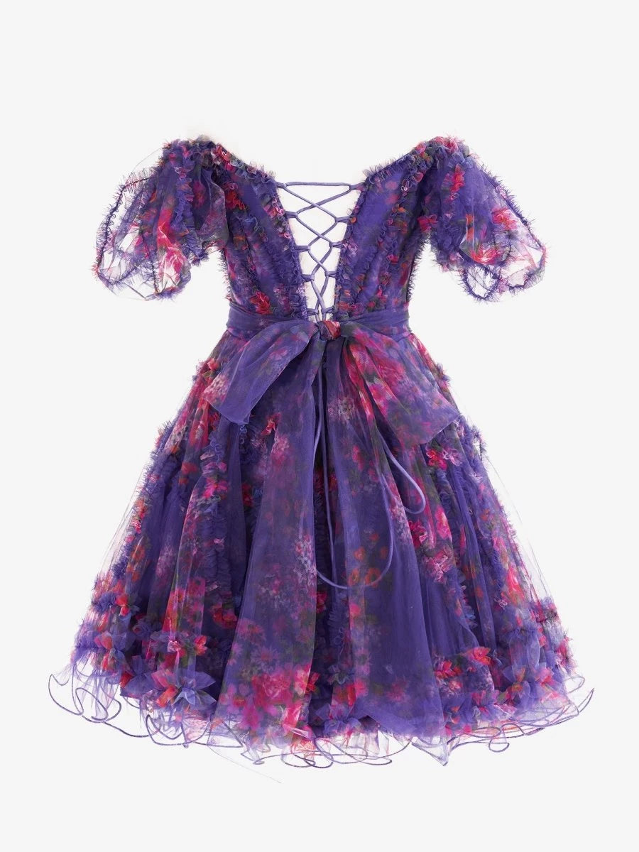 Purple A Line Short Length Off the Shoulder Short Sleeves Short Printed Party Dresses Homecoming Dress Prom Dress