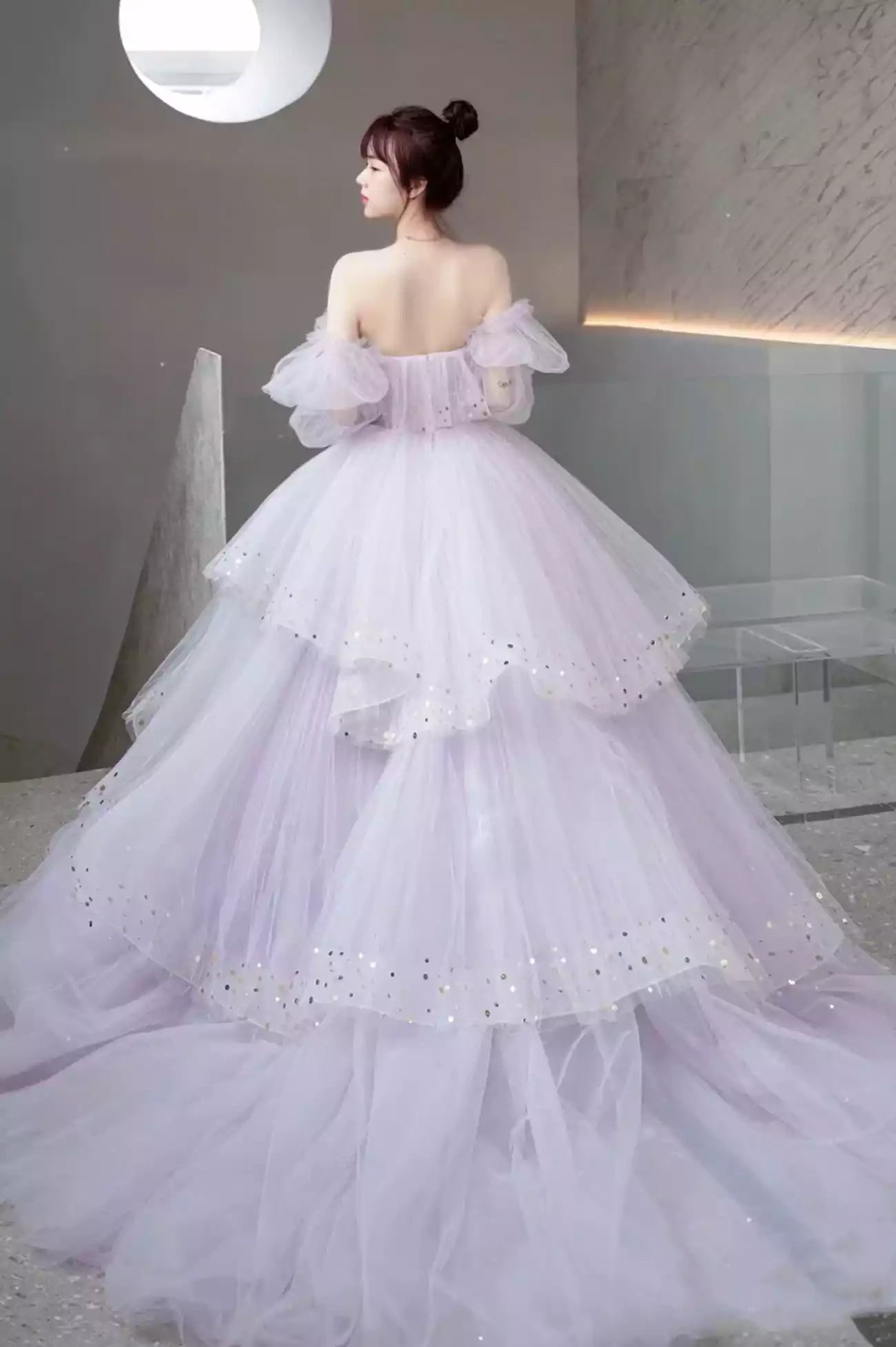 Purple Long Sleeve Floor Length Tulle Formal Dress Purple Sweet 16 Dress