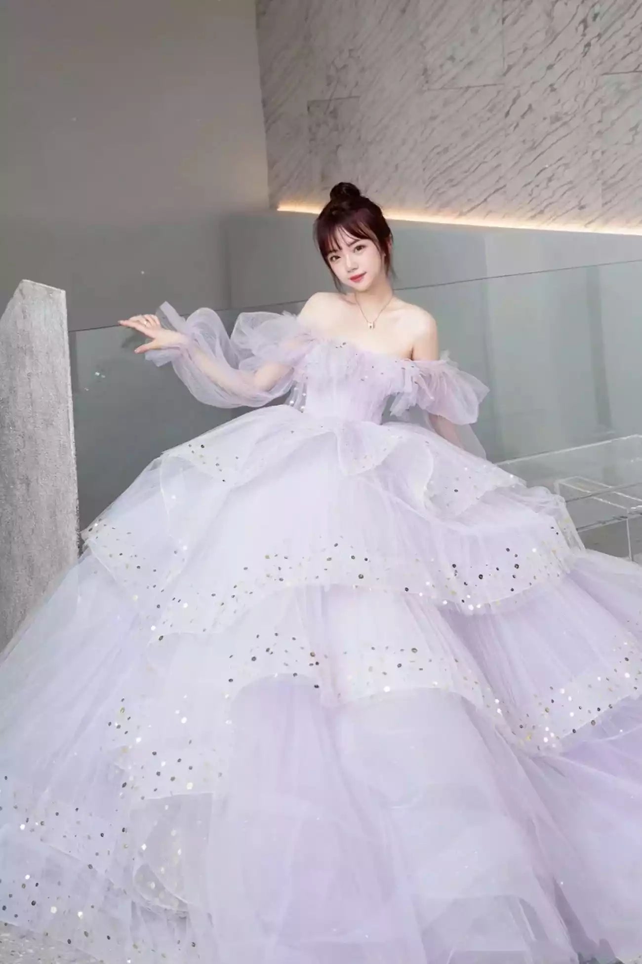 Purple Long Sleeve Floor Length Tulle Formal Dress Purple Sweet 16 Dress