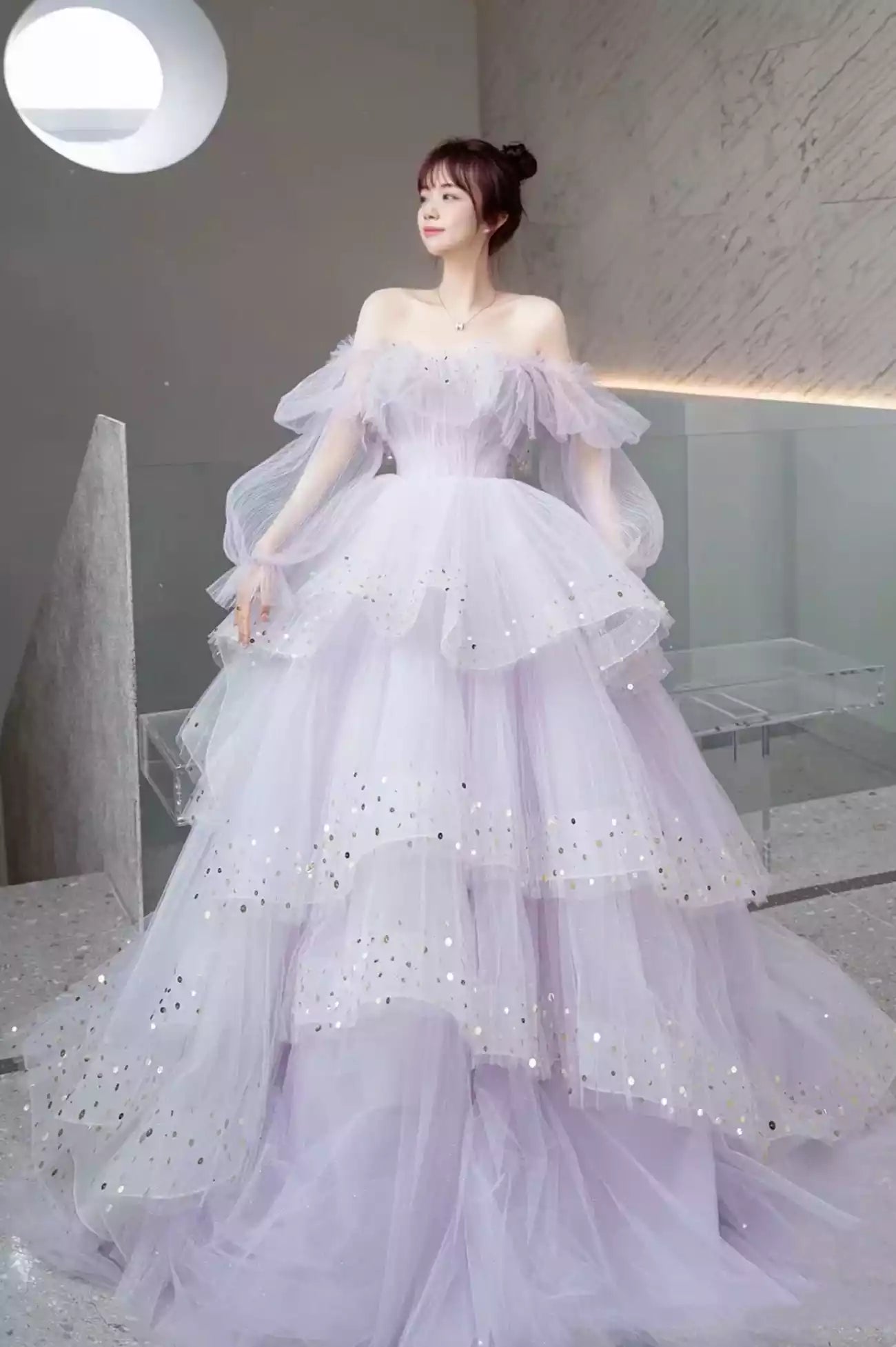 Purple Long Sleeve Floor Length Tulle Formal Dress Purple Sweet 16 Dress