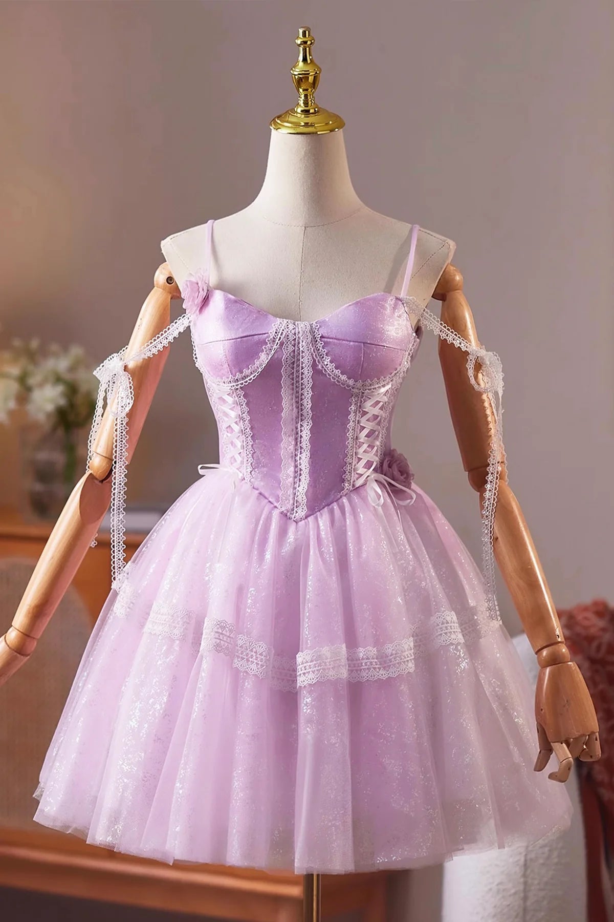 Purple Tulle Lace Short A-Line Prom Dress Lace-up A-Line Evening Party Dress