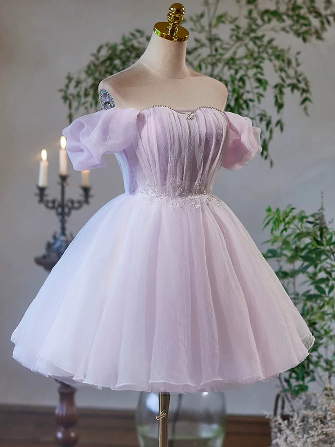 Purple Tulle Short A-Line Off the Shoulder  Party Dress Lovely Evening Dress Homecoming Dress