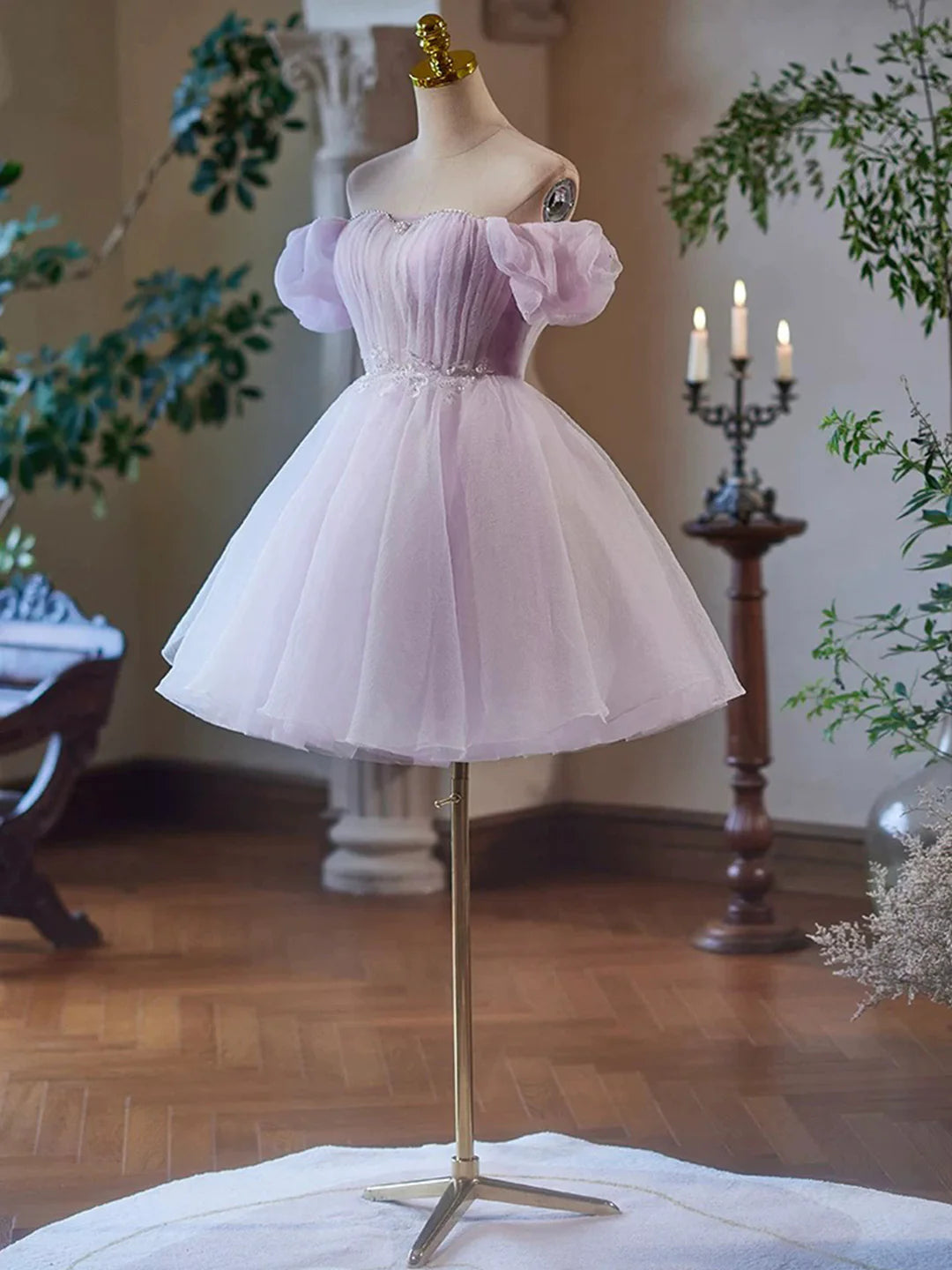 Purple Tulle Short A-Line Off the Shoulder  Party Dress Lovely Evening Dress Homecoming Dress