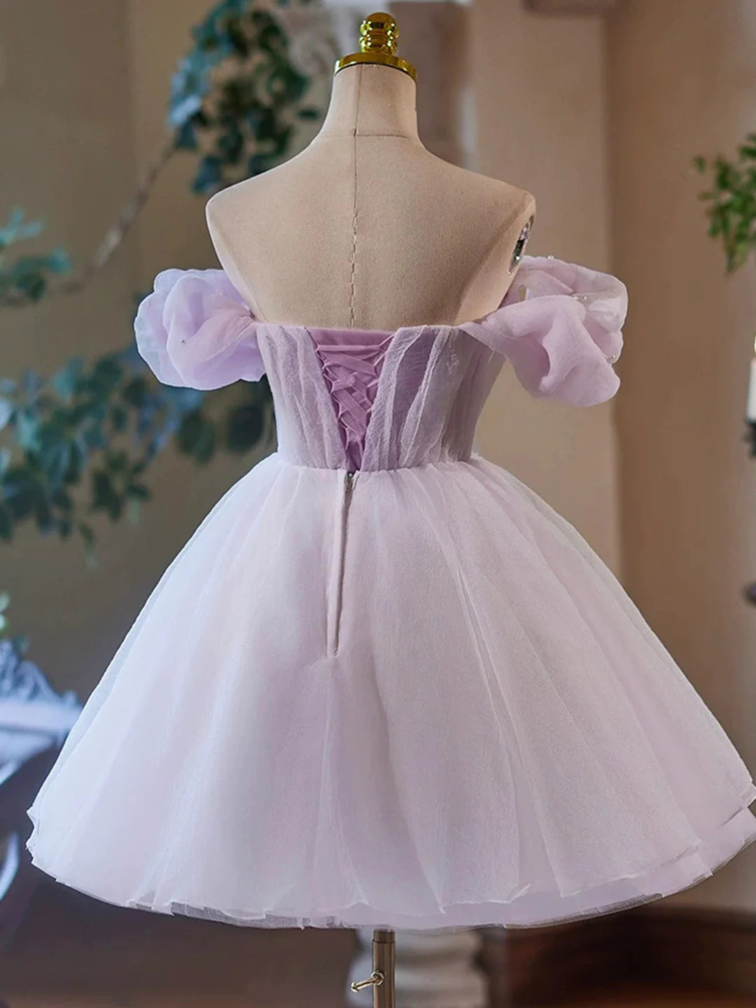 Purple Tulle Short A-Line Off the Shoulder  Party Dress Lovely Evening Dress Homecoming Dress