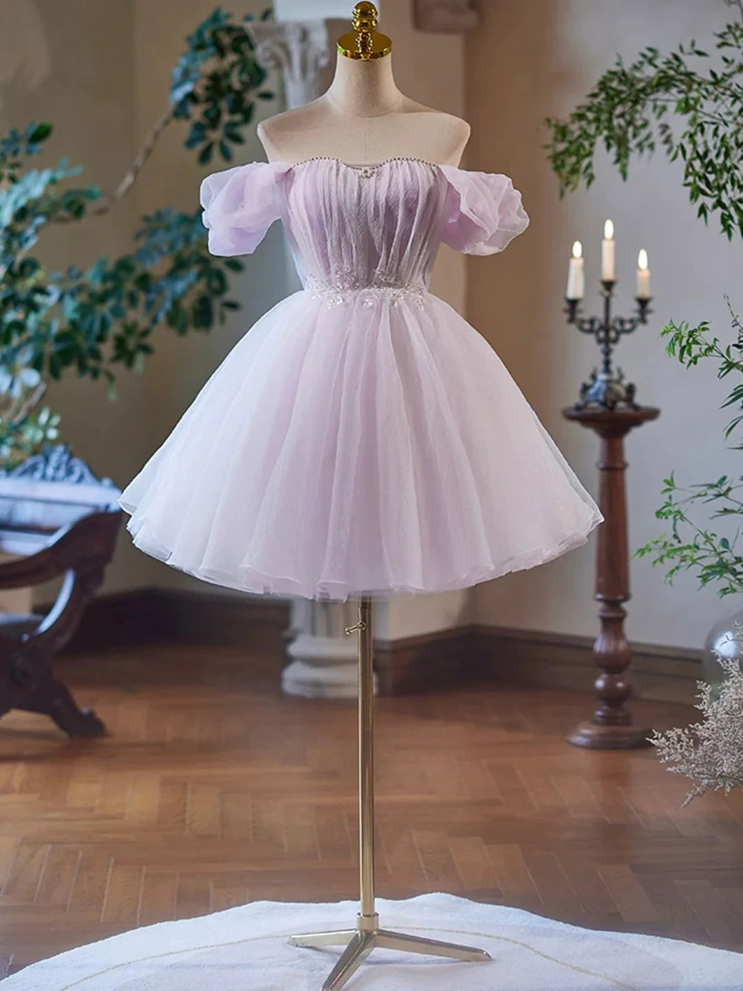 Purple Tulle Short A-Line Off the Shoulder  Party Dress Lovely Evening Dress Homecoming Dress