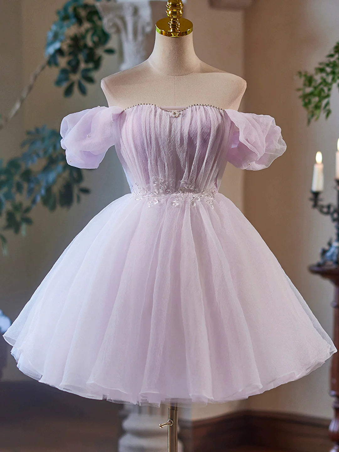 Purple Tulle Short A-Line Off the Shoulder  Party Dress Lovely Evening Dress Homecoming Dress