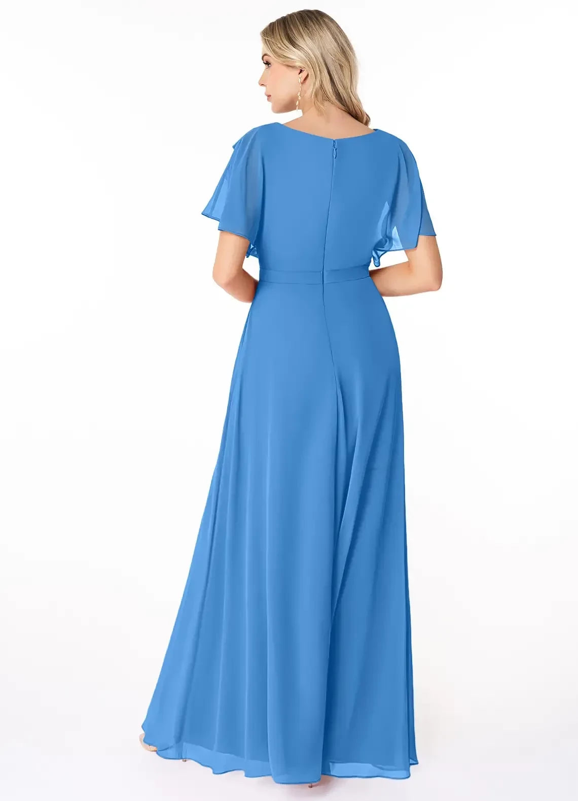 Radiant A Line Boat Neck Flutter Sleeve Zipper Back Floor Length Bridesmaid Dress ﻿