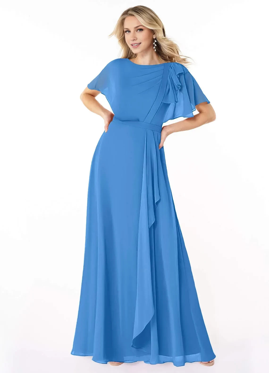 Radiant A Line Boat Neck Flutter Sleeve Zipper Back Floor Length Bridesmaid Dress ﻿