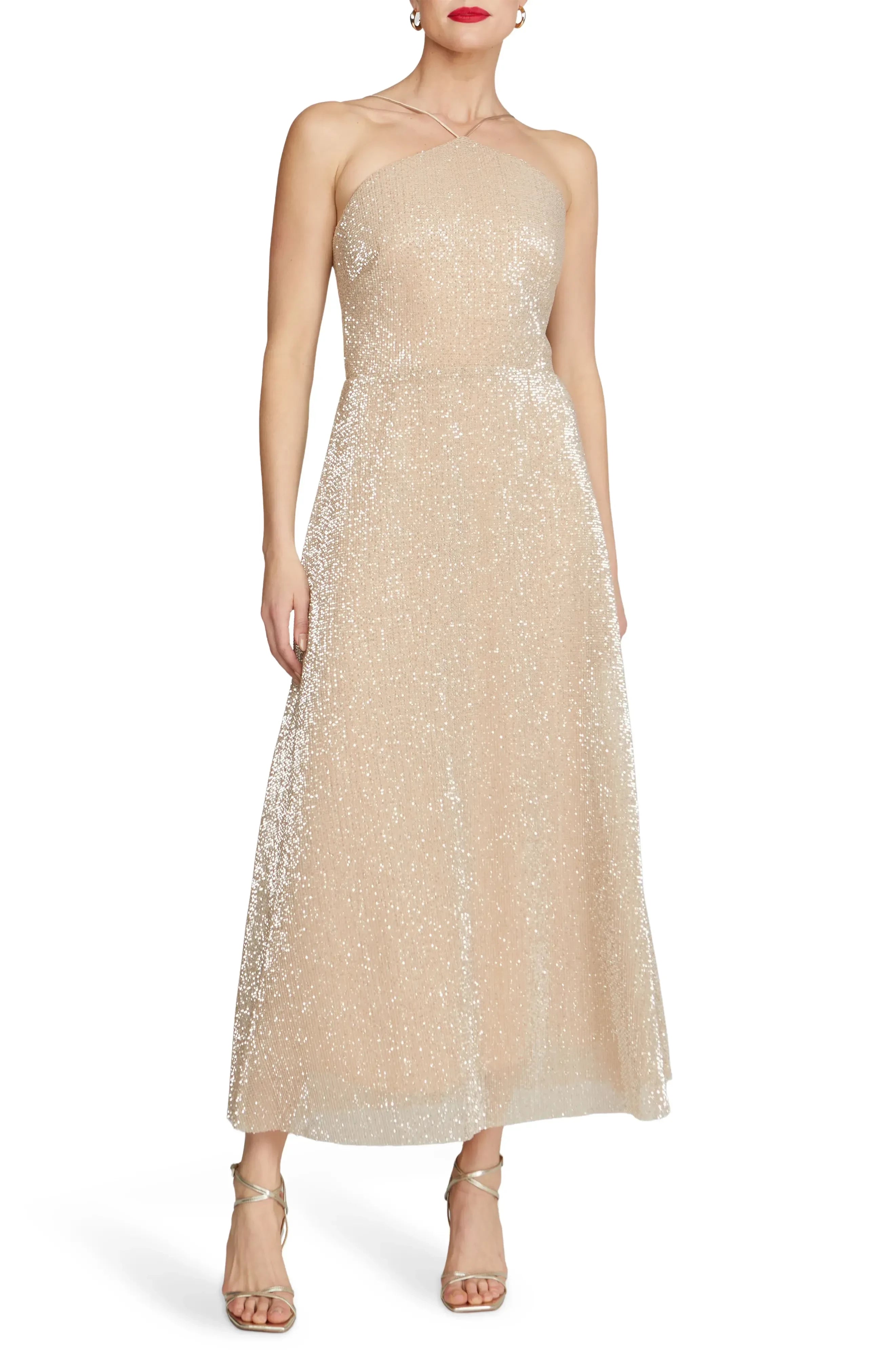 Radiant A Line Halter Neck Sleeveless Open Back Midi Length Evening Dress