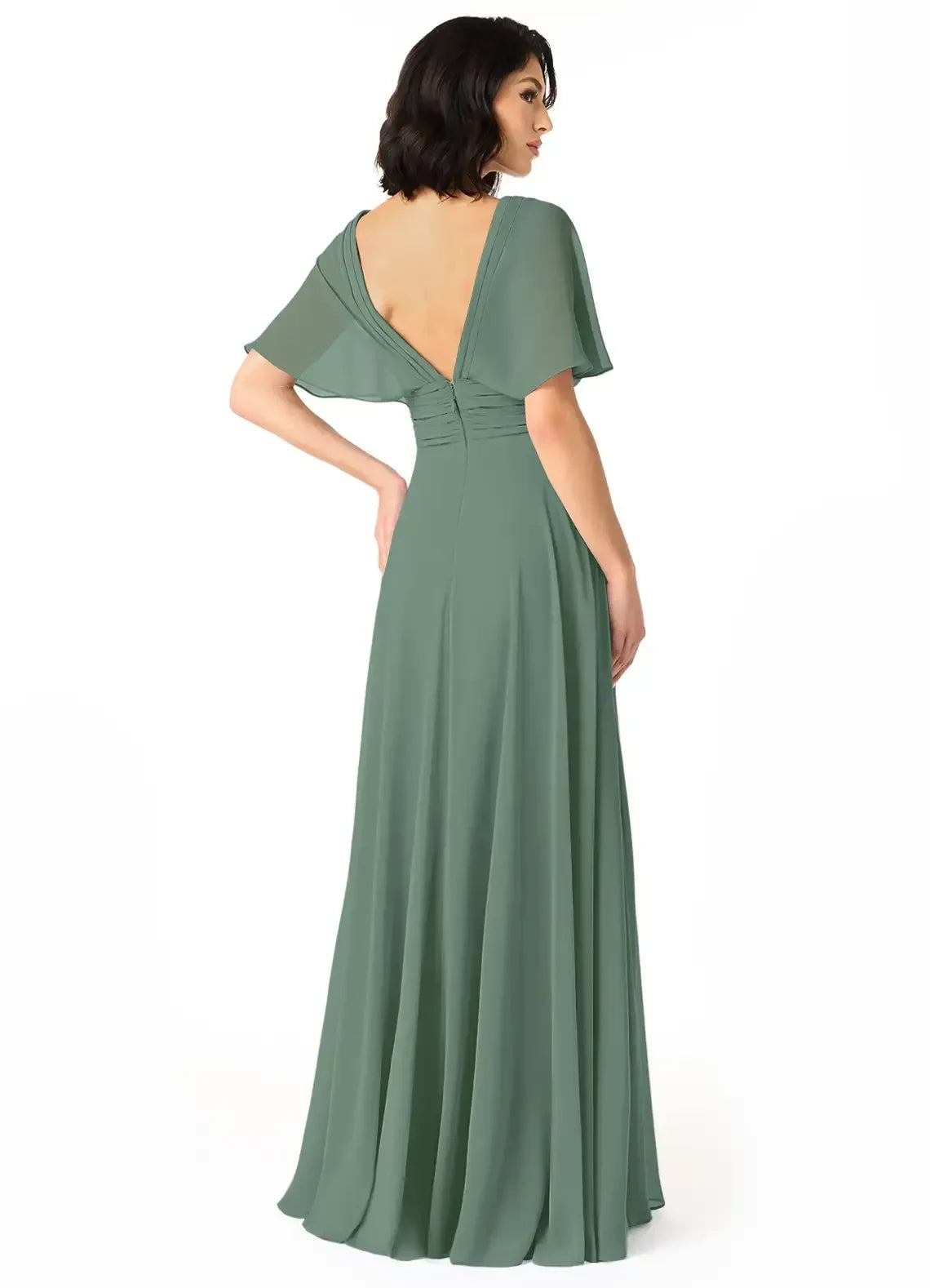 Radiant A Line V Neck Flutter Sleeve Low Back Floor Length Bridesmaid Dress