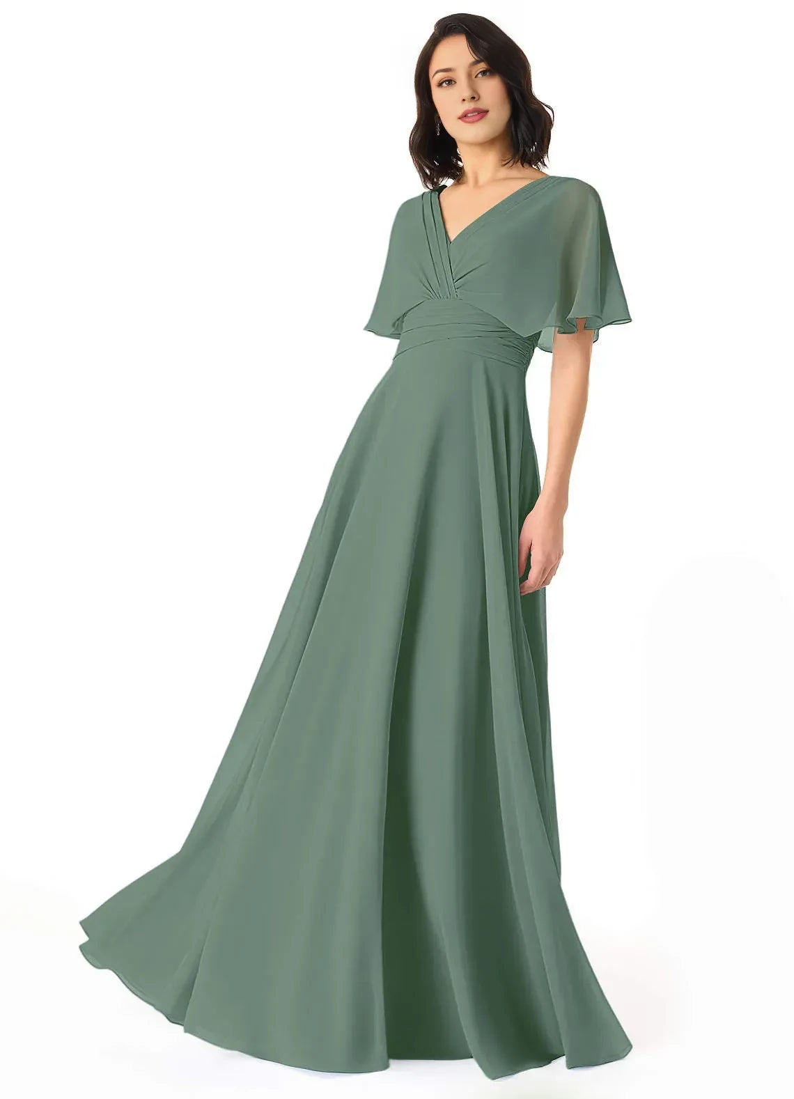 Radiant A Line V Neck Flutter Sleeve Low Back Floor Length Bridesmaid Dress