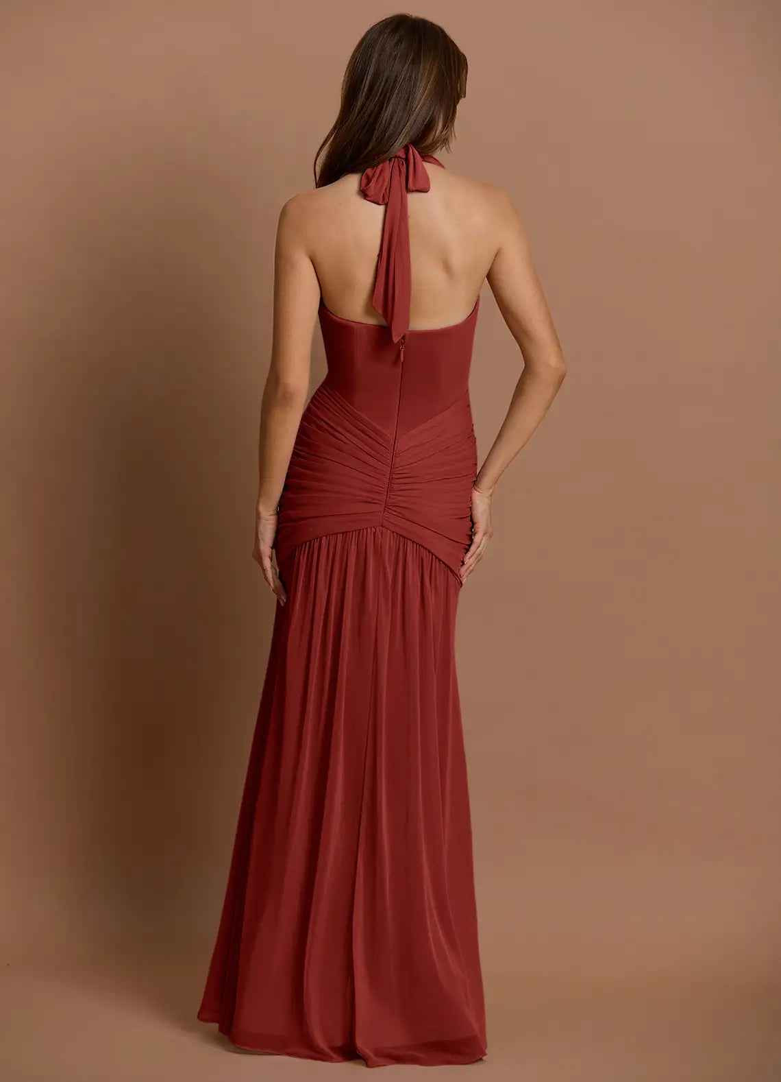 Radiant Mermaid Plunge Neck Halter Tie Ruched Accent Open Back Floor Length For Ladies Prom Dress