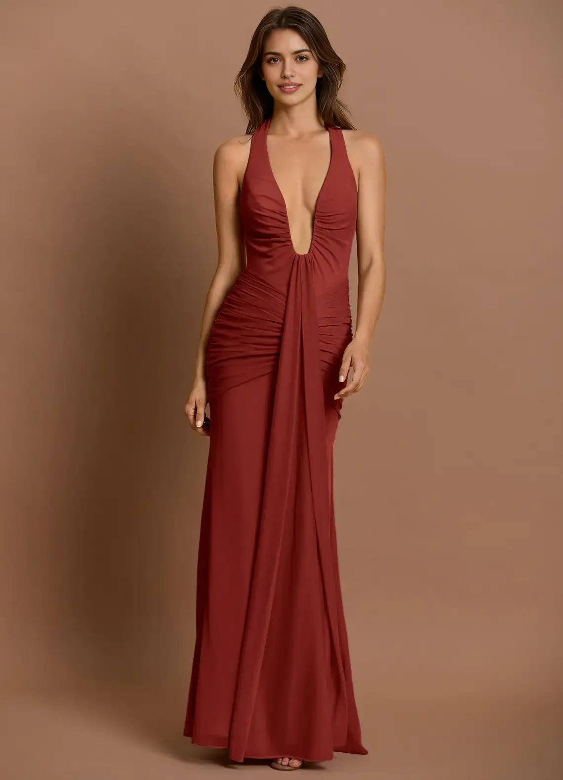 Radiant Mermaid Plunge Neck Halter Tie Ruched Accent Open Back Floor Length For Ladies Prom Dress