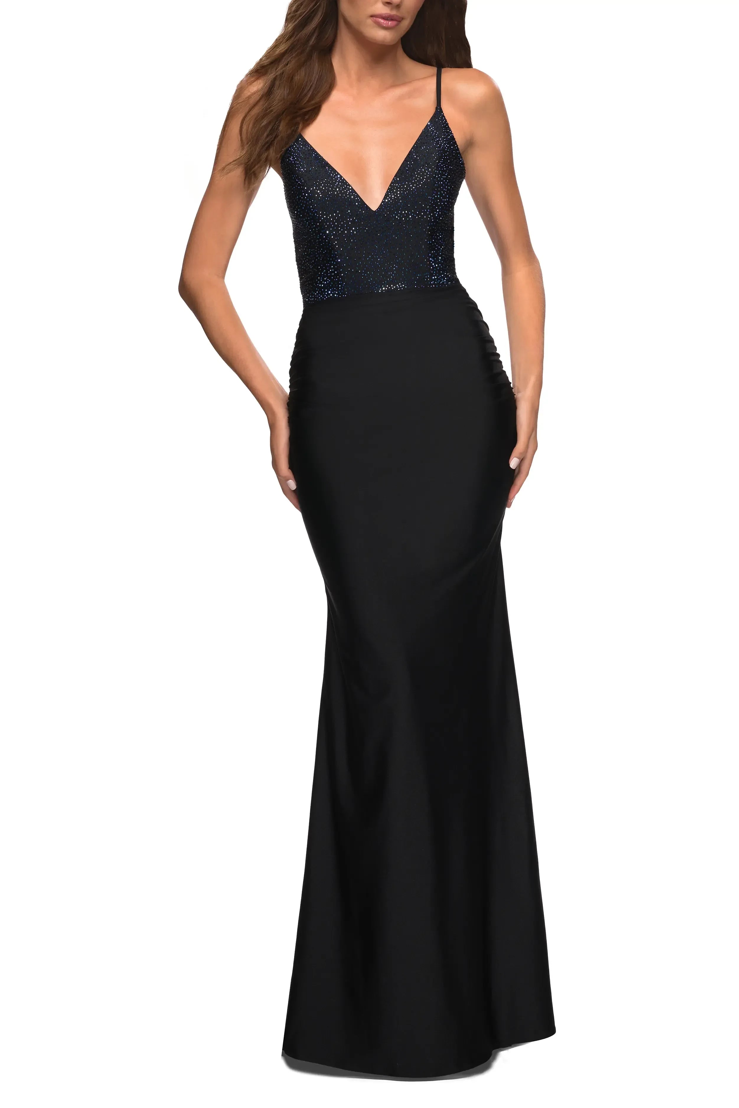 Radiant Mermaid V Neck Spaghetti Strap Crisscross Back Floor Length Evening Dress