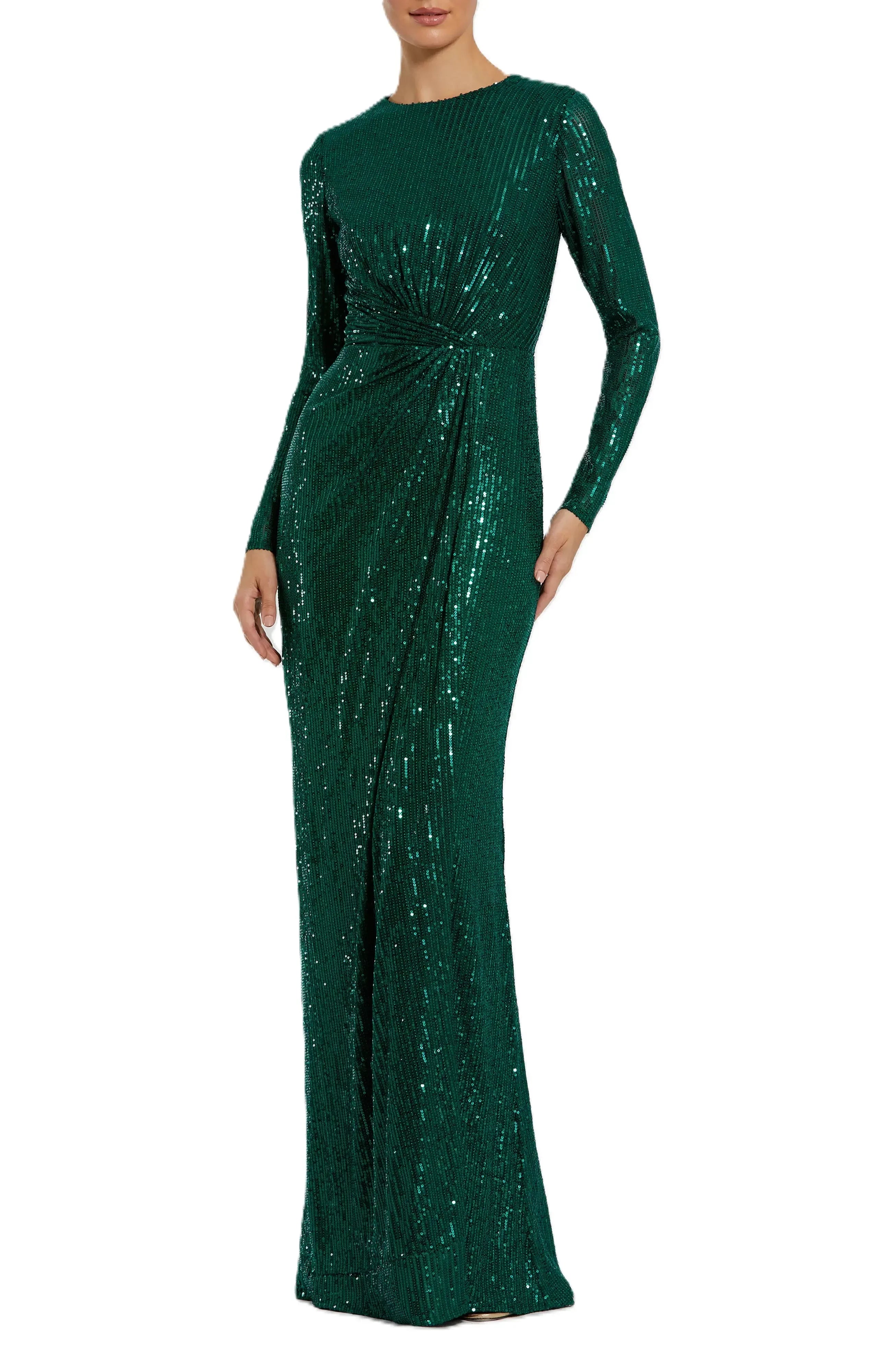 Radiant Sheath Crew Neck Long Sleeve Ruched Back Floor Length Evening Dress