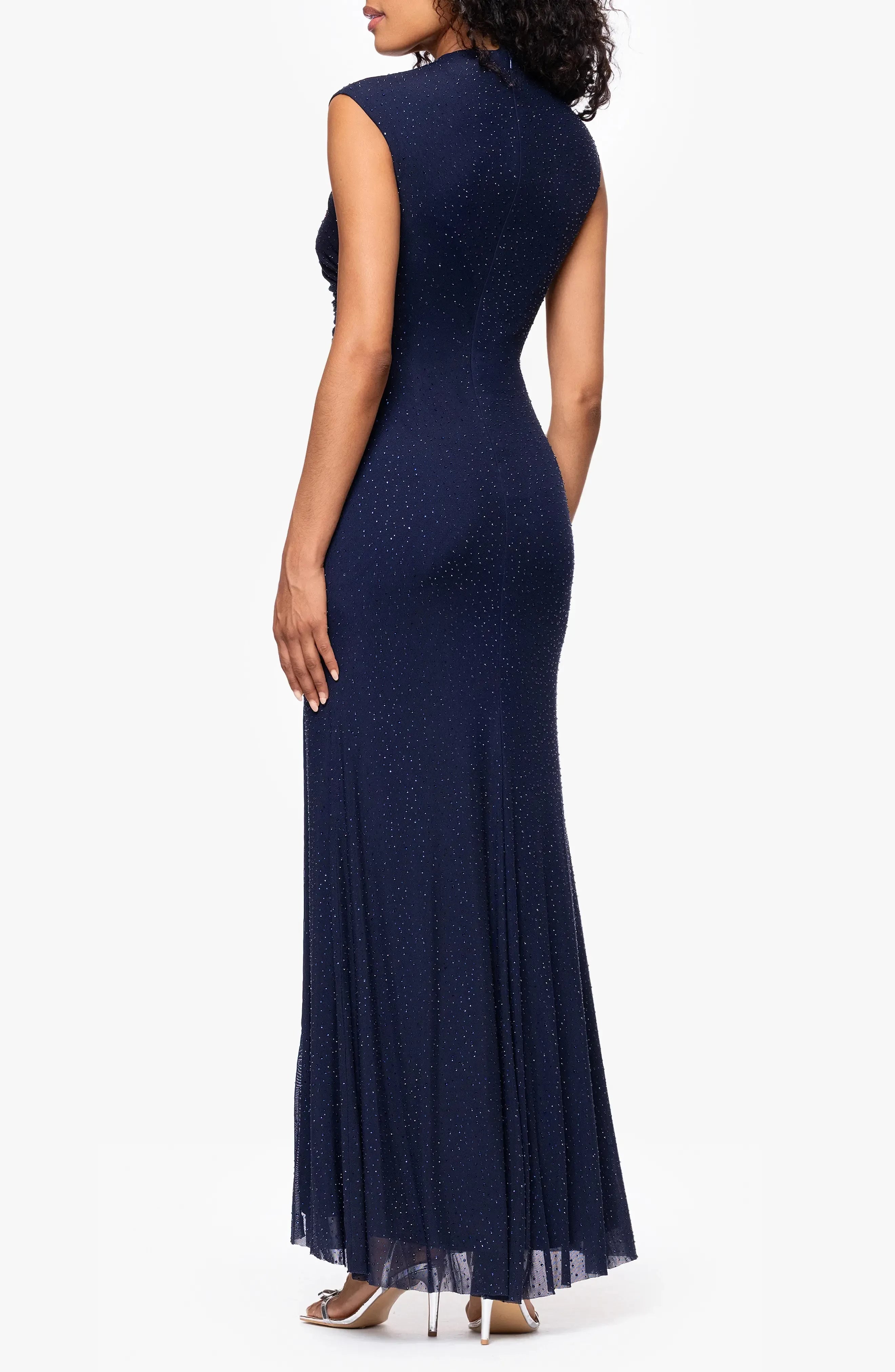 Radiant Sheath High Neck Cap Sleeve Solid Back Floor Length Evening Dress