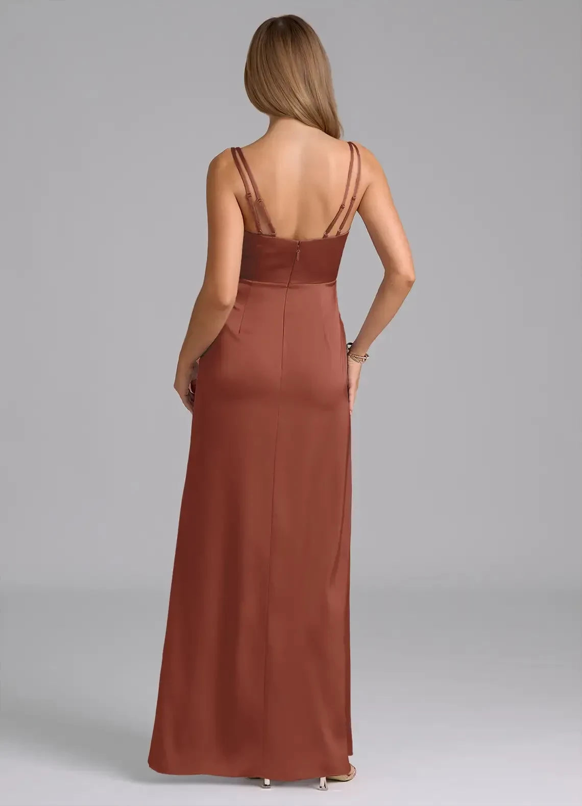 Radiant Sheath V Neck Spaghetti Strap Zip Back Floor Length Bridesmaid Dress ﻿