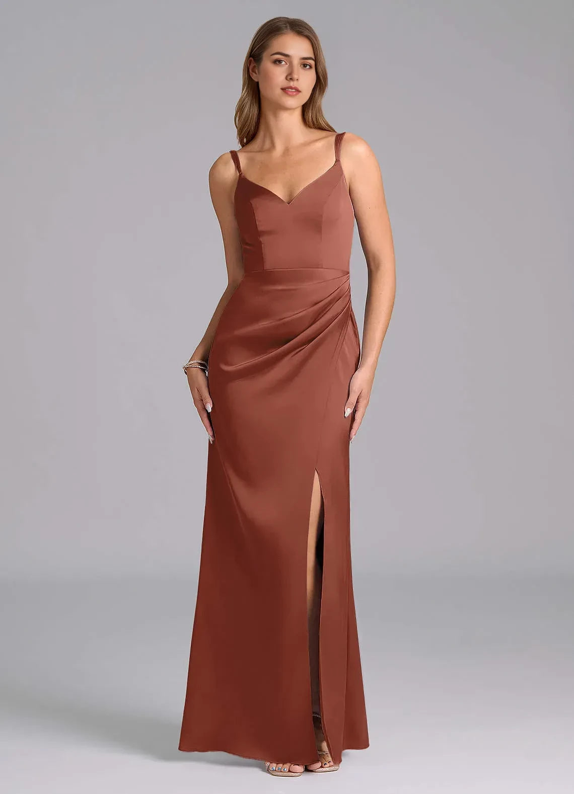 Radiant Sheath V Neck Spaghetti Strap Zip Back Floor Length Bridesmaid Dress ﻿