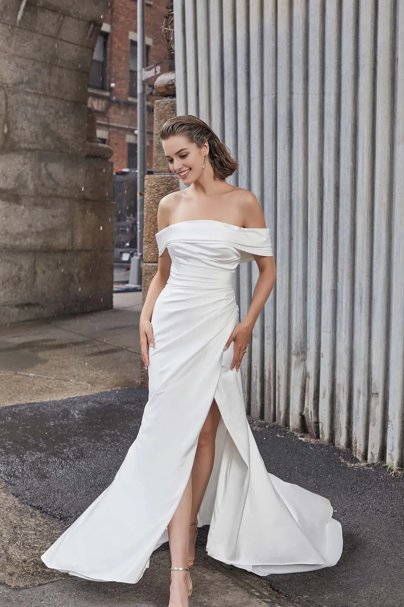 Radiant Trumpet Off Shoulder Sleeveless Button Back Floor Length Wedding Dress
