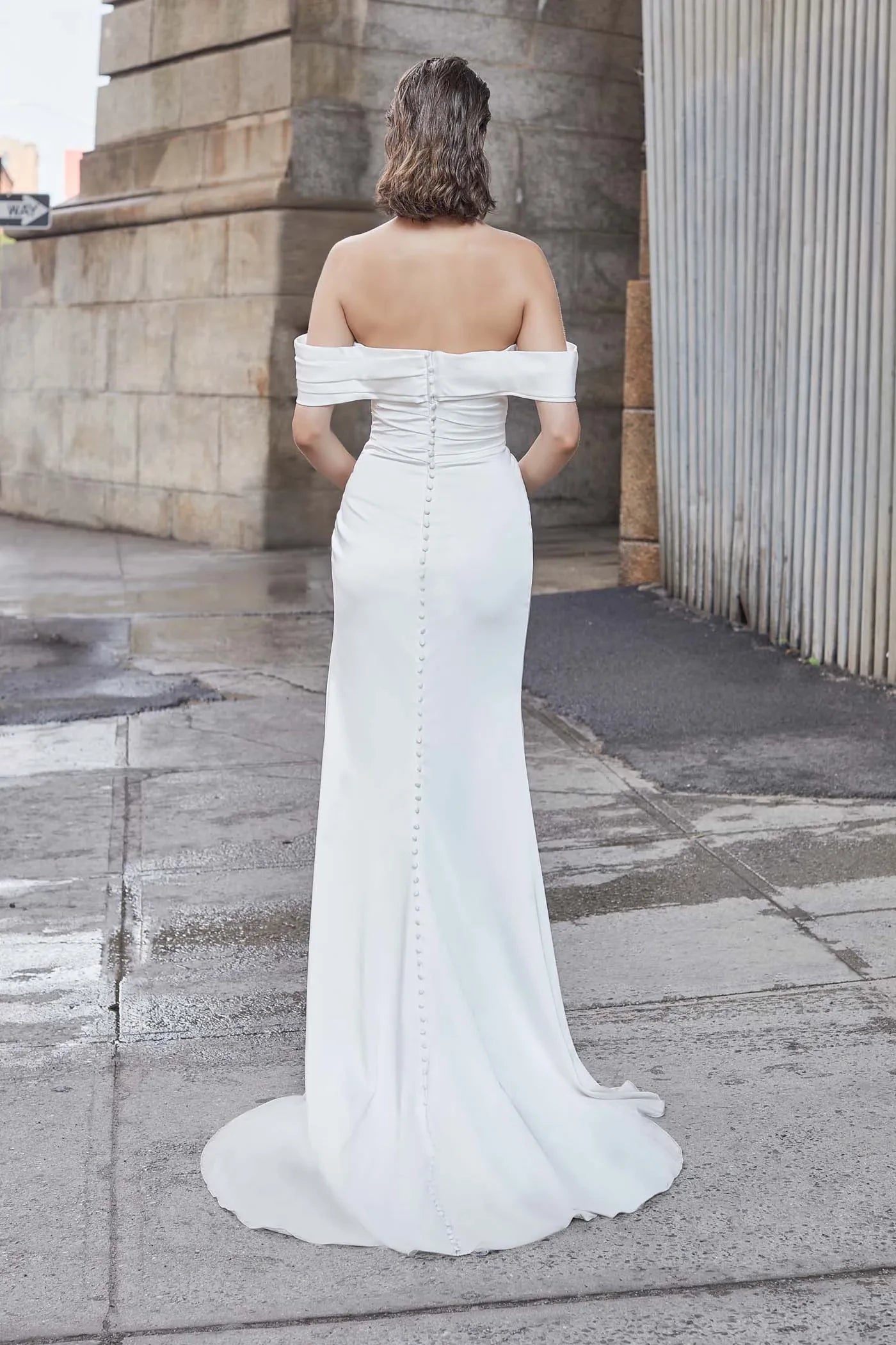 Radiant Trumpet Off Shoulder Sleeveless Button Back Floor Length Wedding Dress